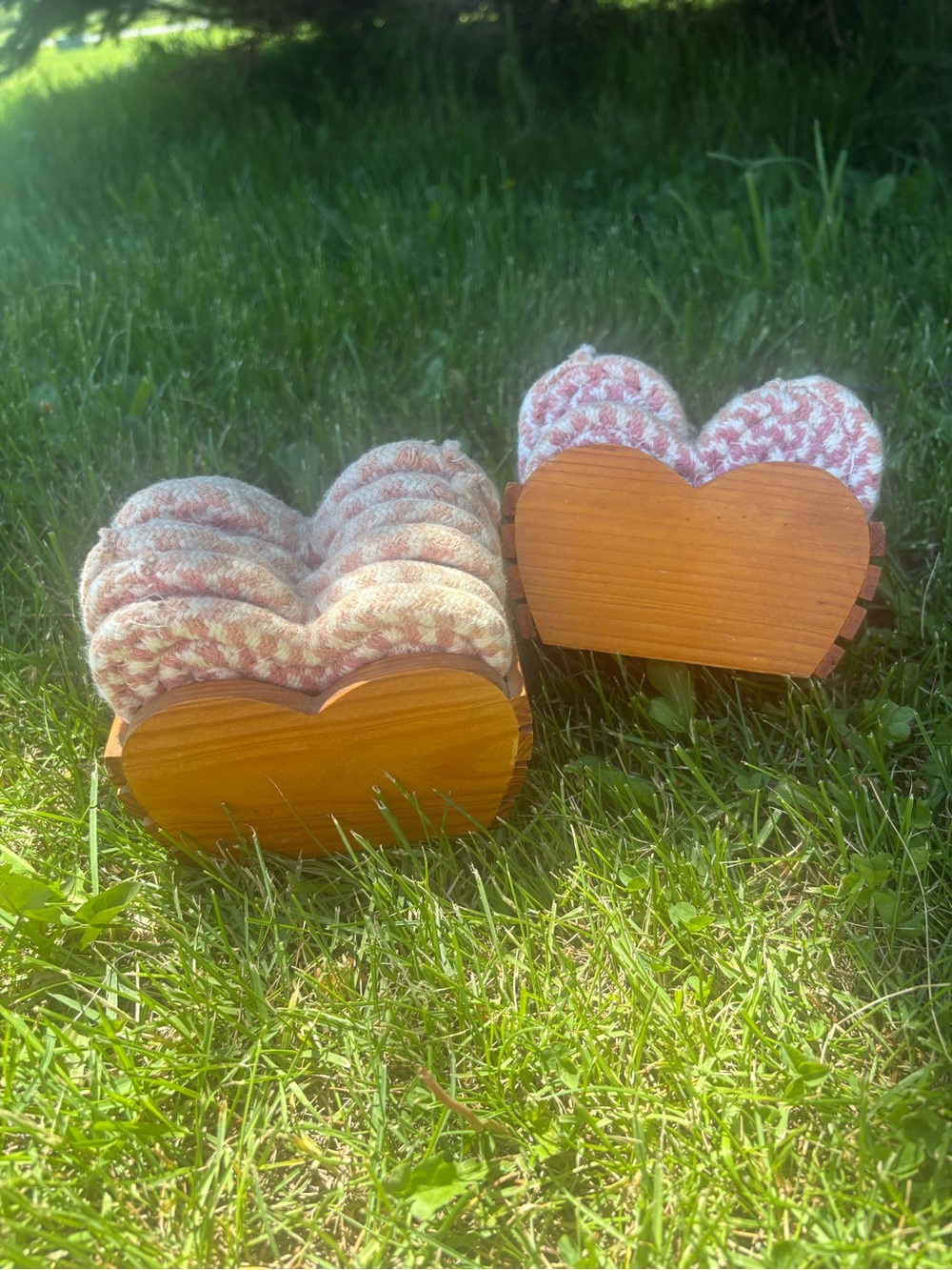 Heart-Shaped Wooden Coaster Set with Pink Knit Covers Vintage Cottage Core